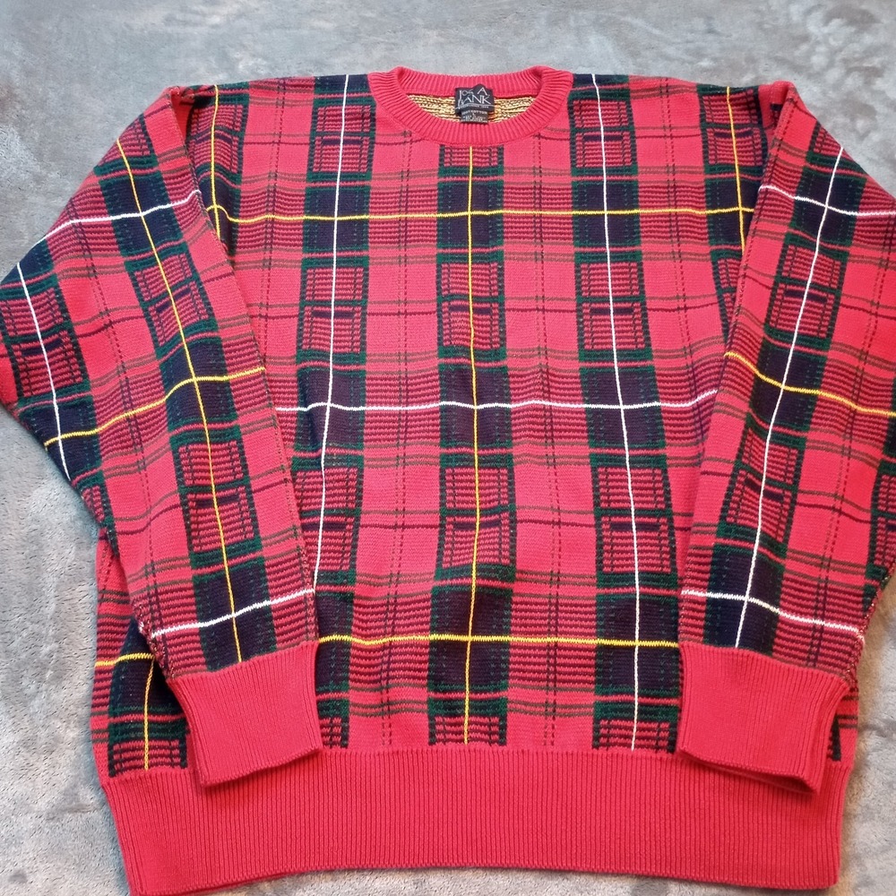 Jos A Bank Tartan Plaid Sweater Men Large Red Made in Italy Christmas Preppy